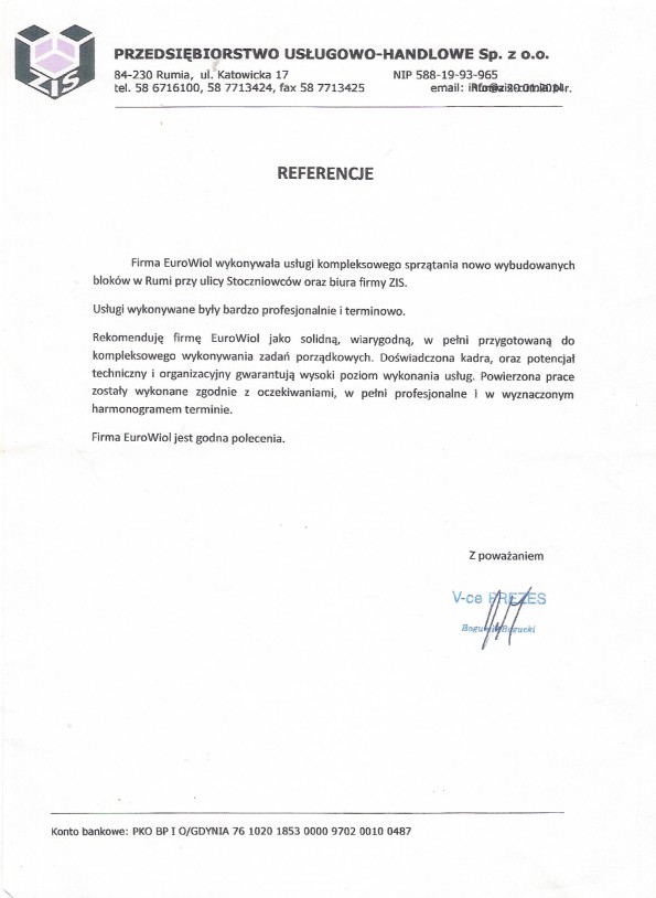 Referencja od firmy Przedsiwbiorstwo Usługowo-Handlowe ZIS