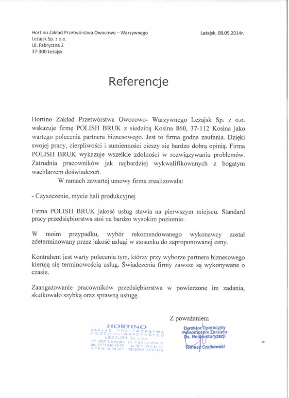 Referencja od firmy Hortino Zakład Przetwórstwa Owocowo – Warzywnego Leżajsk Sp. z o.o.