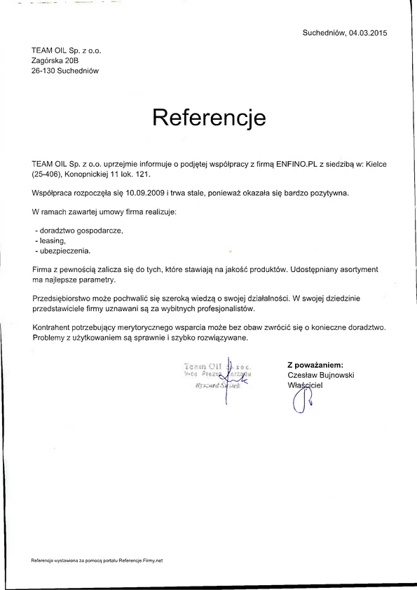 Referencja od firmy Team Oil Sp. z o.o.