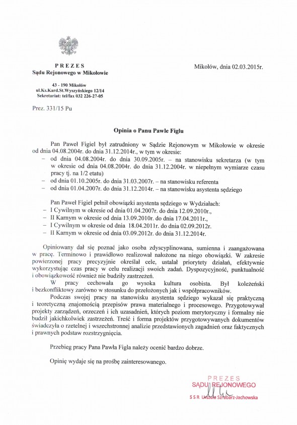 Referencja od firmy Sąd Rejonowy w Mikołowie