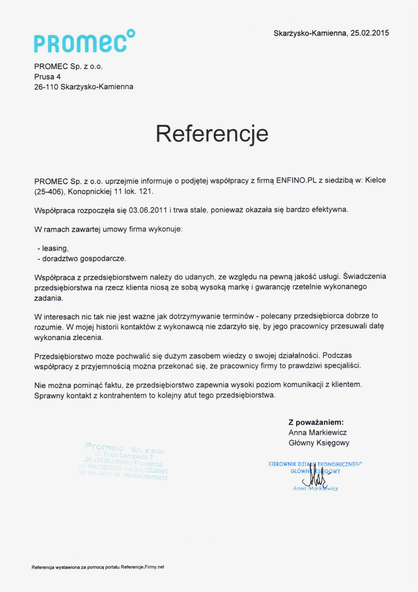 Referencja od firmy PROMEC Sp. z o.o.