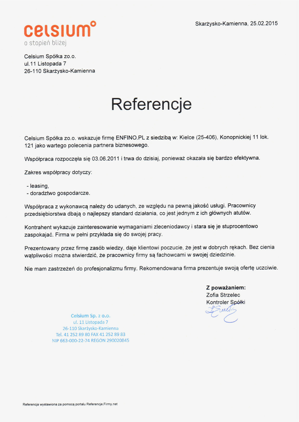 Referencja od firmy CELSIUM Sp. z o.o.