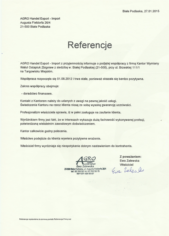 Referencja od firmy AGRO Handel Export - Import