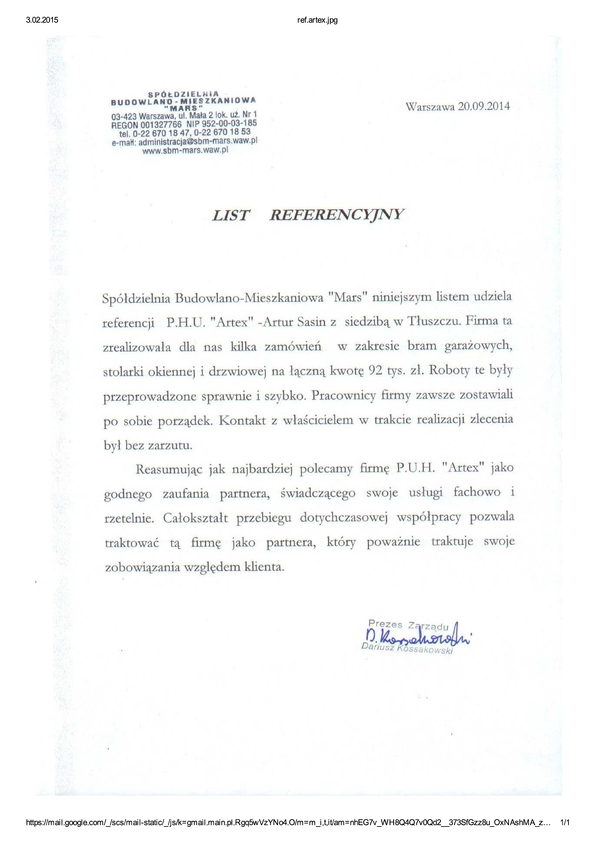 Referencja od firmy Spółdzielnia Mars