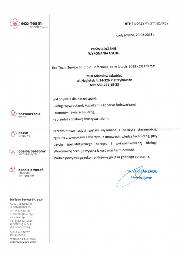 Referencja od firmy Eco Team Service Sp. z o.o.