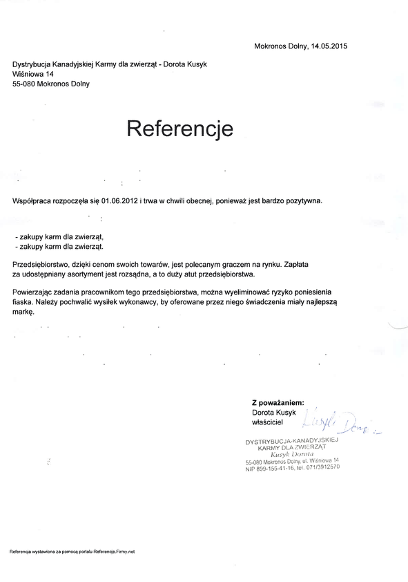 Referencja od firmy Dystrybucja Karmy Kusyk