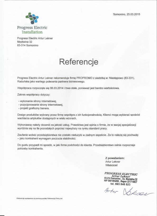 Referencja od firmy Progress Electric
