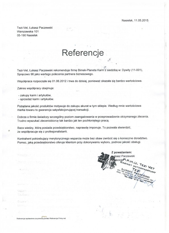 Referencja od firmy Tezi Vet Łukasz Paczewski