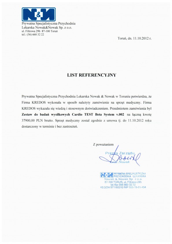 Referencja od firmy PRZYCHODNIA NOWAK & NOWAK W TORUNIU