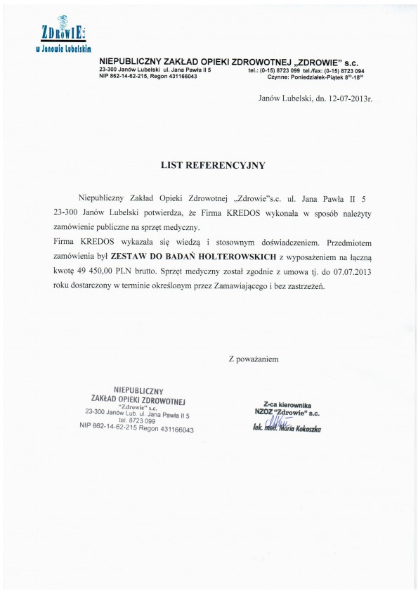Referencja od firmy NZOZ ZDROWIE JANÓW LUBELSKI