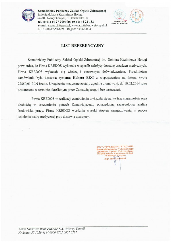 Referencja od firmy SPZOZ NOWY TOMYŚL