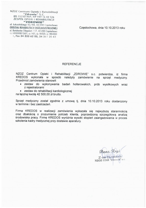 Referencja od firmy NZOZ "ZDROWIE" CZĘSTOCHOWA