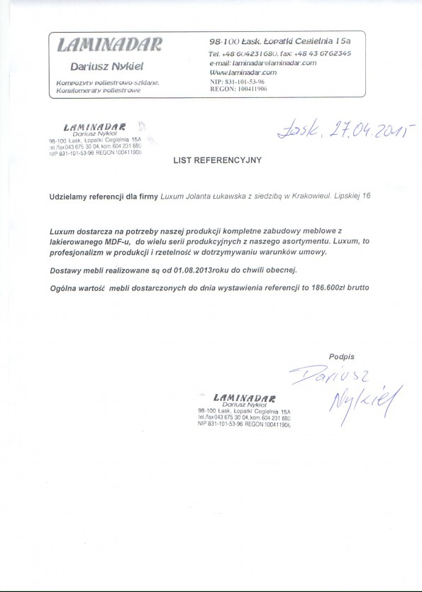 Referencja od firmy Laminadar