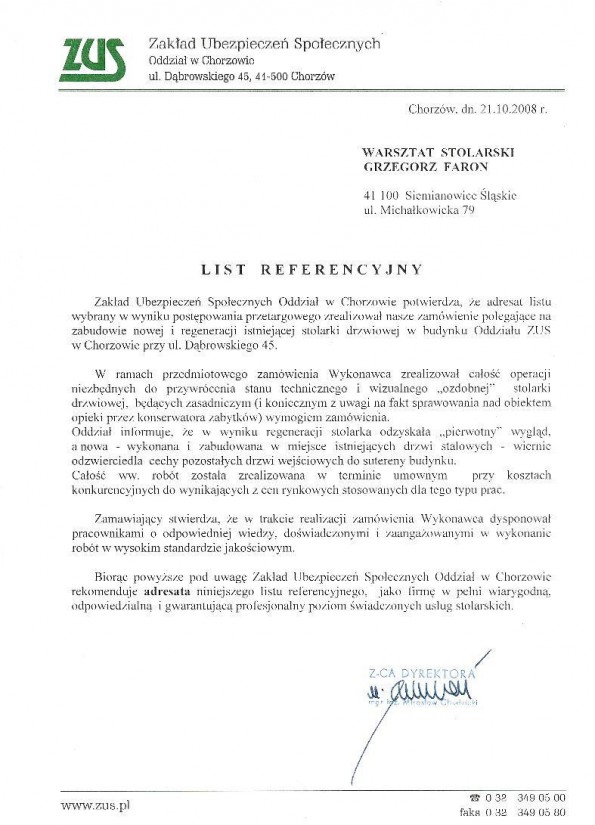 Referencja od firmy ZUS odd. w Chorzowie