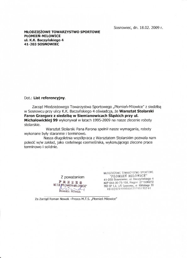 Referencja od firmy Młodzieżowe Towarzystwo Sportowe "Płomień-Milowice"