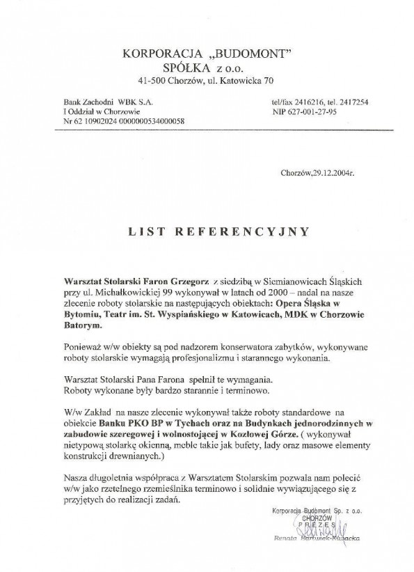 Referencja od firmy Korporacja BUDOMONT Sp. z o.o.