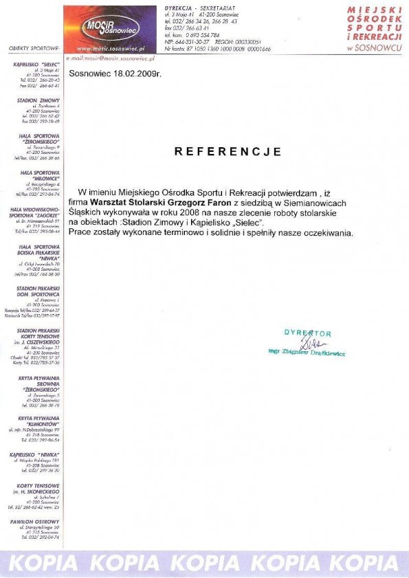 Referencja od firmy MOSiR Sosnowiec
