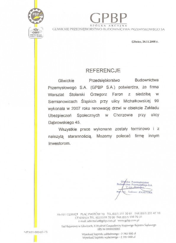 Referencja od firmy GPBP Mostostal Zabrze