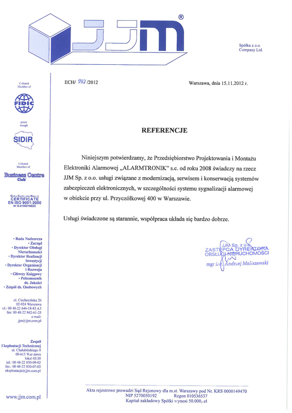 Referencja od firmy JJM Sp. z o.o.