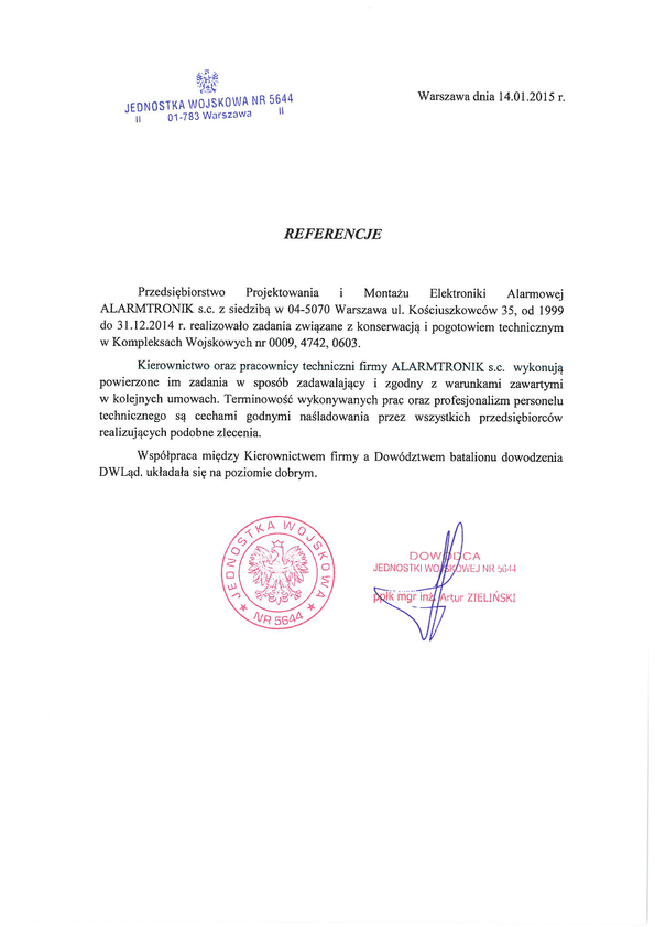Referencja od firmy Jednostka Wojskowa 5644