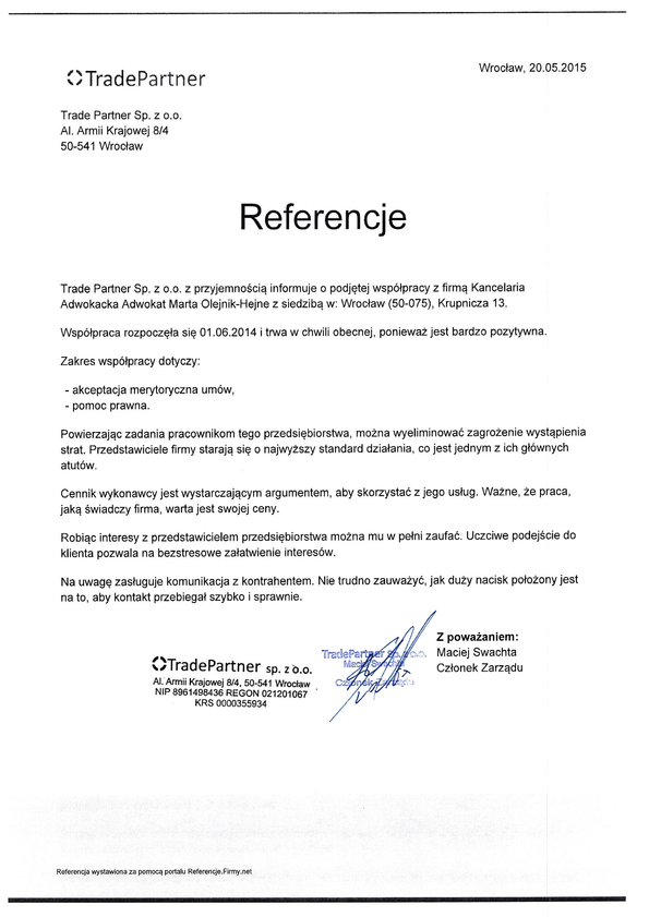 Referencja od firmy Trade Partner