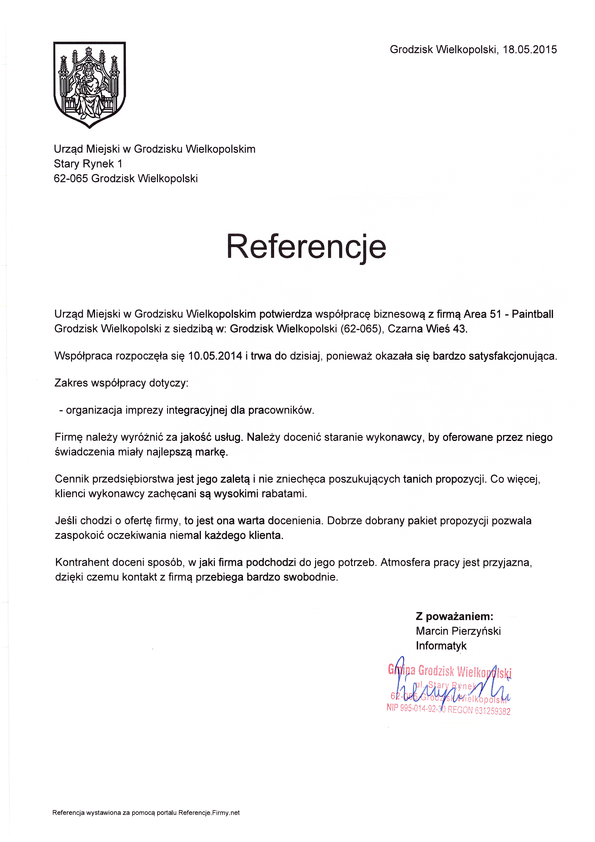 Referencja od firmy Urząd Miejski w Grodzisku Wielkopolskim