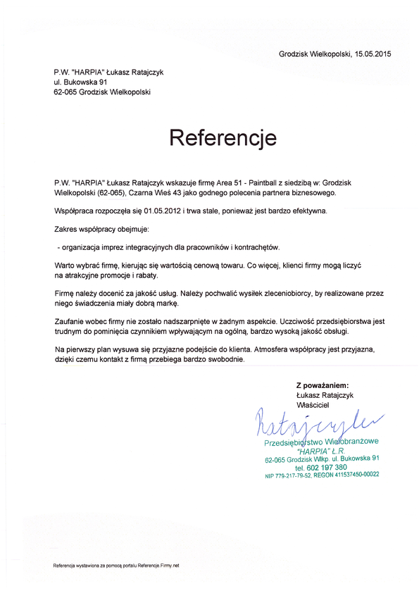 Referencja od firmy P.W. "HARPIA" Łukasz Ratajczyk