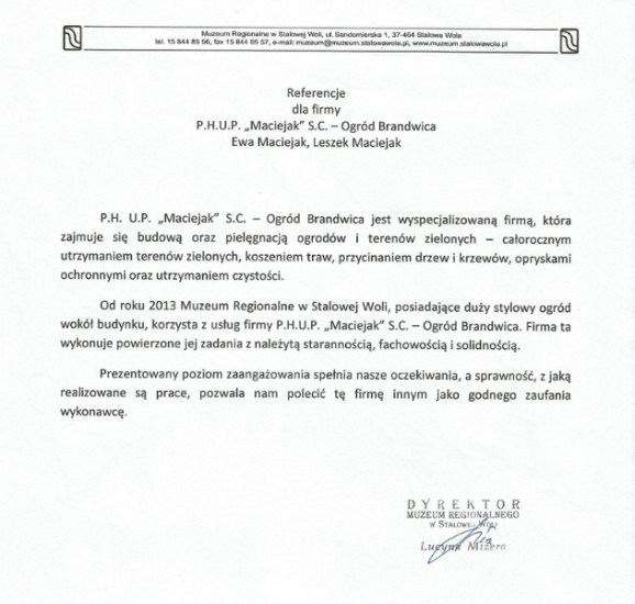 Referencja od firmy Muzeum Regionalne w Stalowej Woli