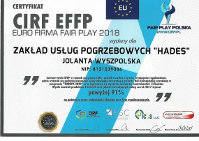 Certyfikat EURO FIRMA FAIR PLAY 2018 - Zakład Usług Pogrzebowych Hades Pionki