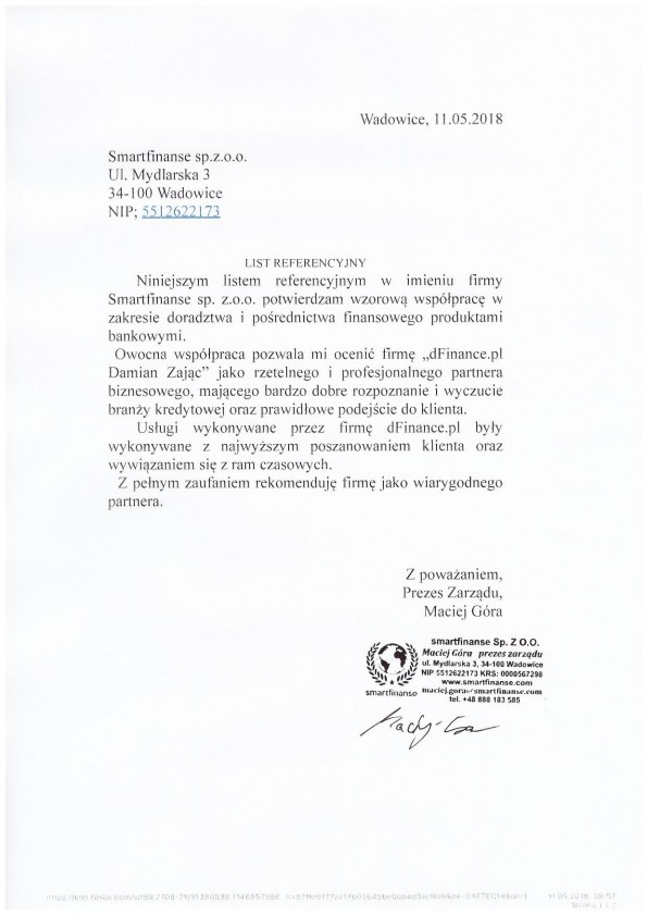 Referencja od firmy Smartfinanse sp zoo