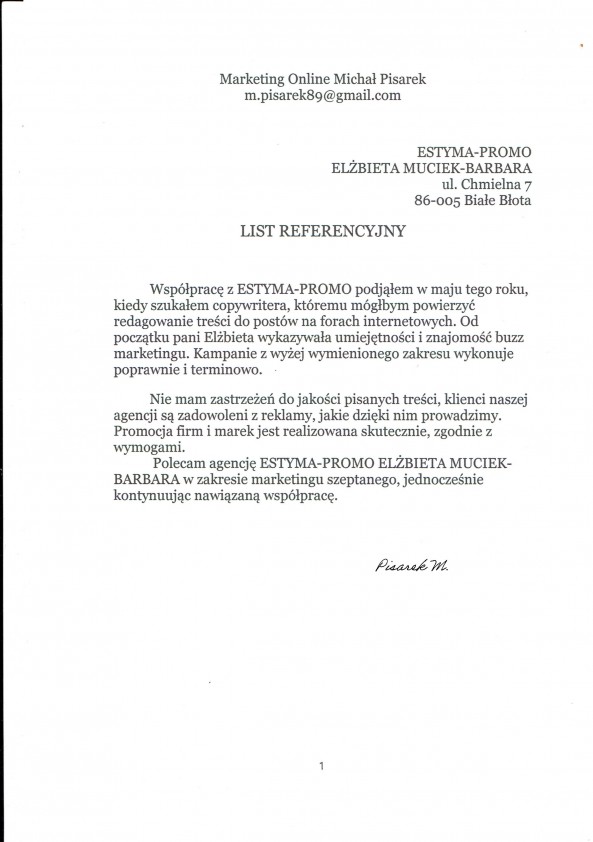 Referencja od firmy Marketing Online Michał Pisarek