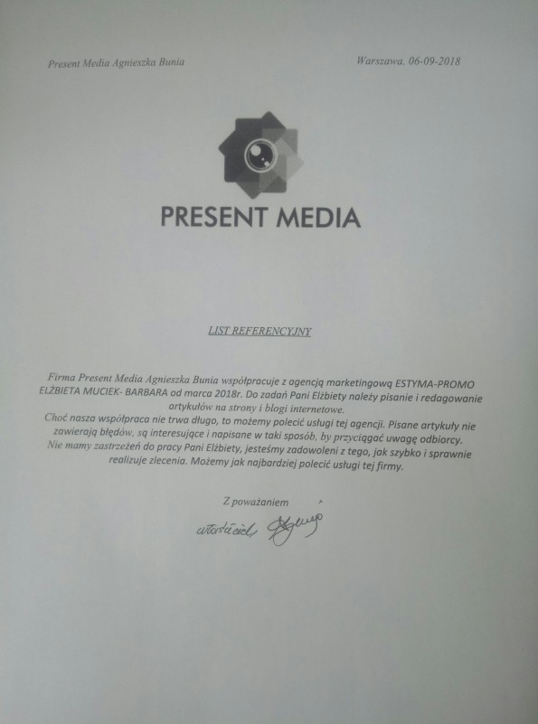 Referencja od firmy Prezent Media Agnieszka Bunia