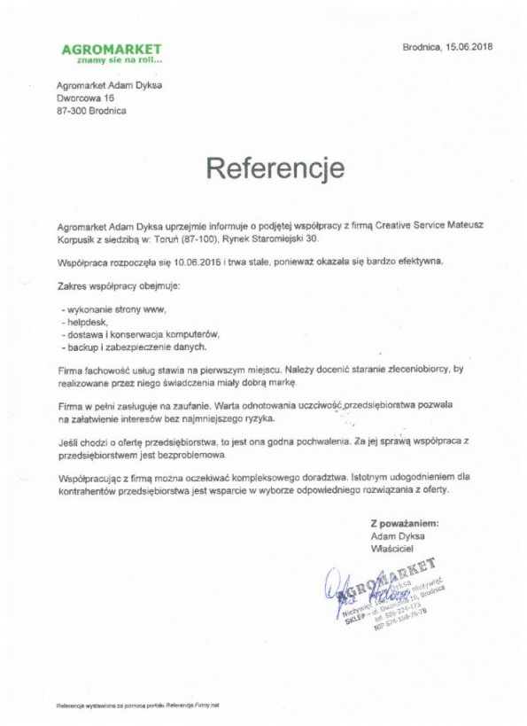 Referencja od firmy Agromarket Adam Dyska