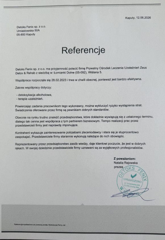 Referencja od firmy Detoks Fenix sp. z o.o.