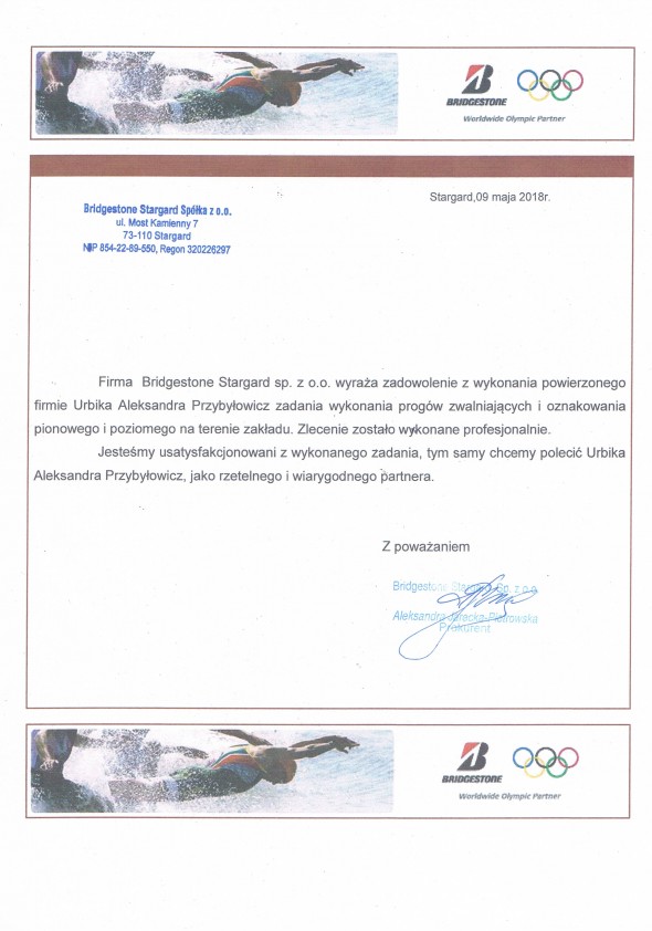 Referencja od firmy BRIDGESTONE Sp. z o.o.
