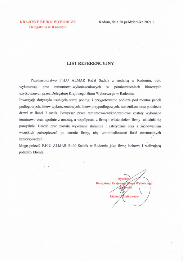 Referencja od firmy KRAJOWE BIURO WYBORCZE DELEGATURA W RADOMIU